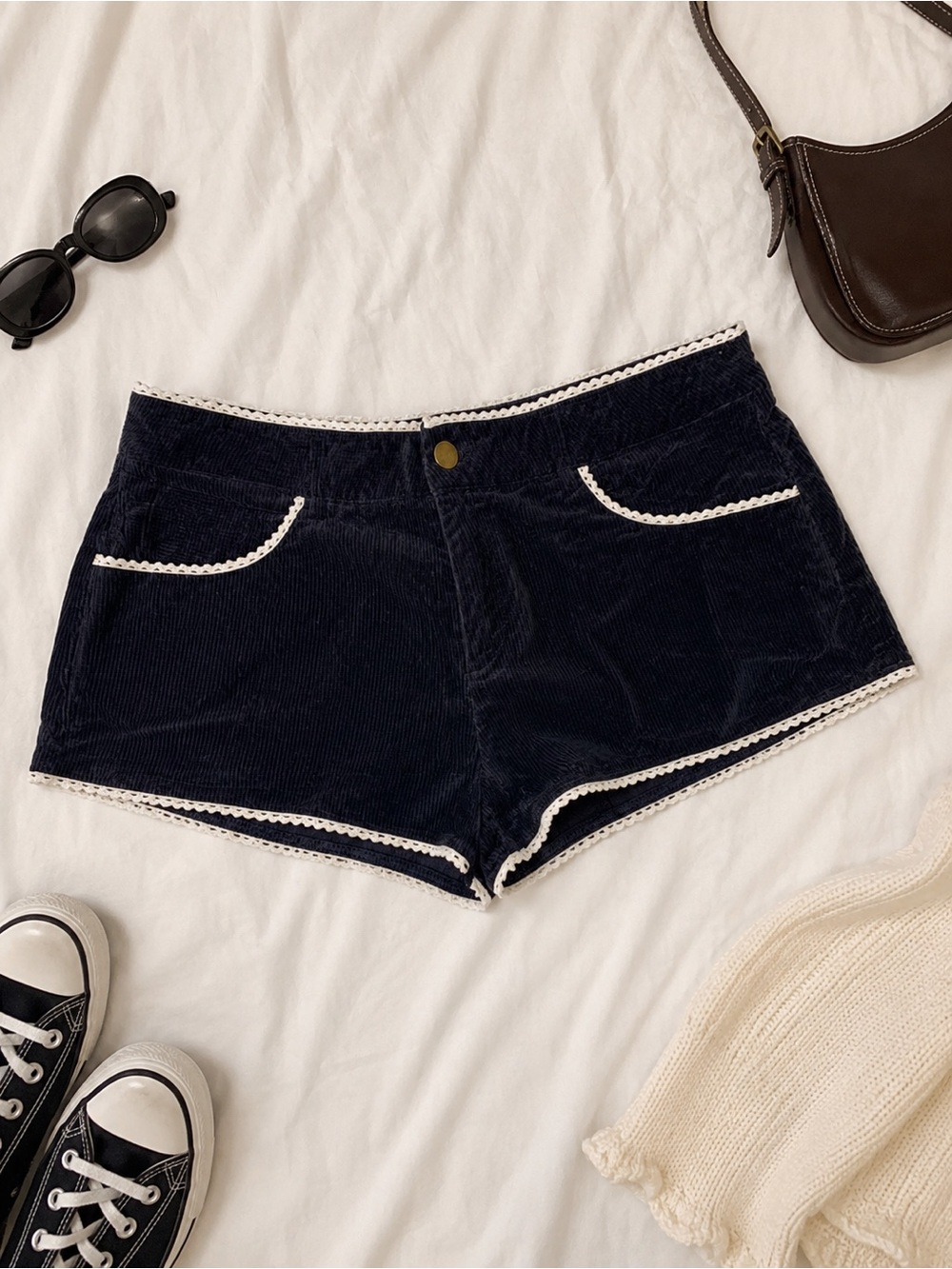 Cider Navy Corduroy Lace Trim Shorts Coquette Indie‎ Y2K Size L